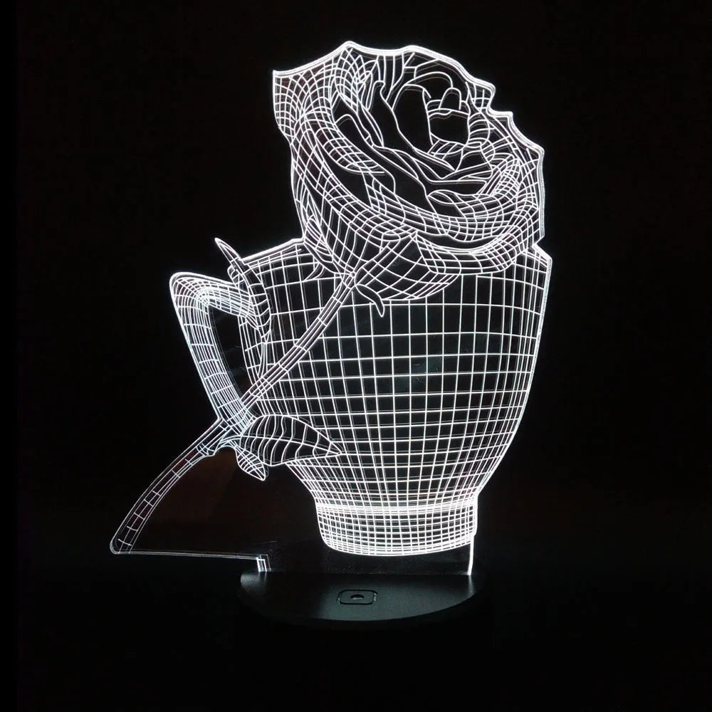 3D rose flower shaped night light glowing with multi-coloured LEDs on a black ABS base.