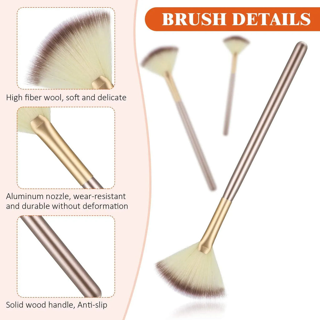 10 professional facial fan brushes with champagne-coloured acrylic handles and protective covers