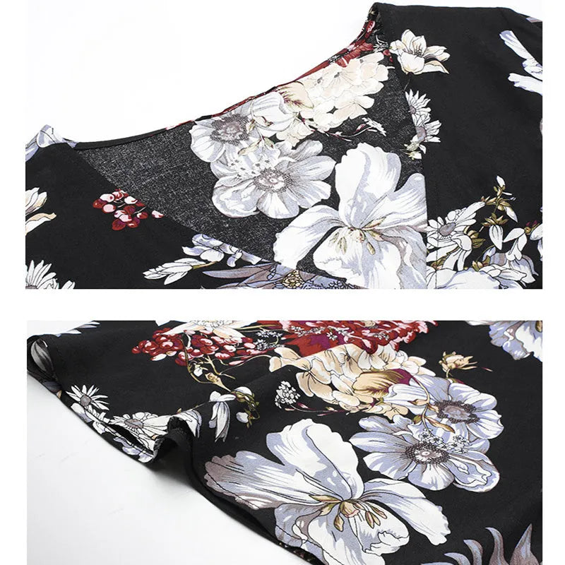 Women's floral print summer dress with V-neck, elastic waist, and large hemline skirt in yellow colour