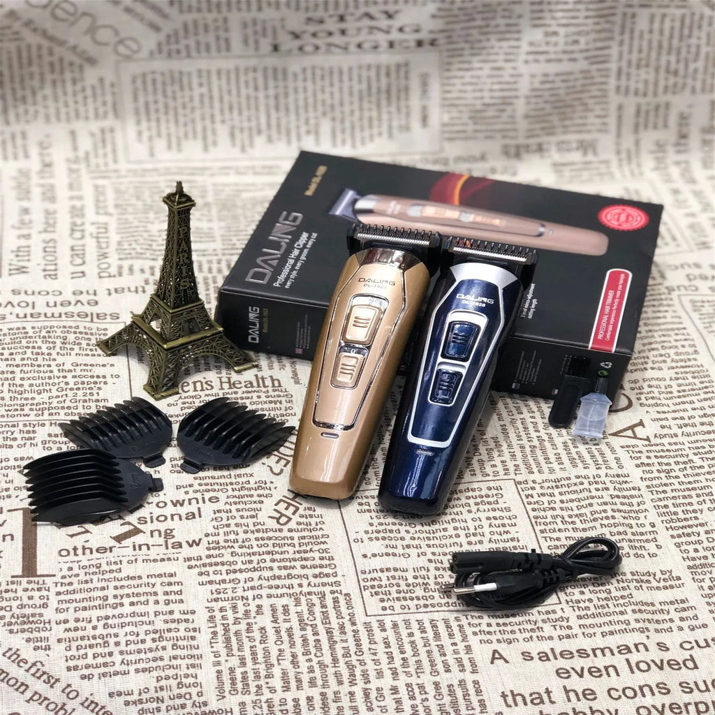 Rechargeable electric hair clipper with stainless steel blade in dark blue or coffee colour with European plug