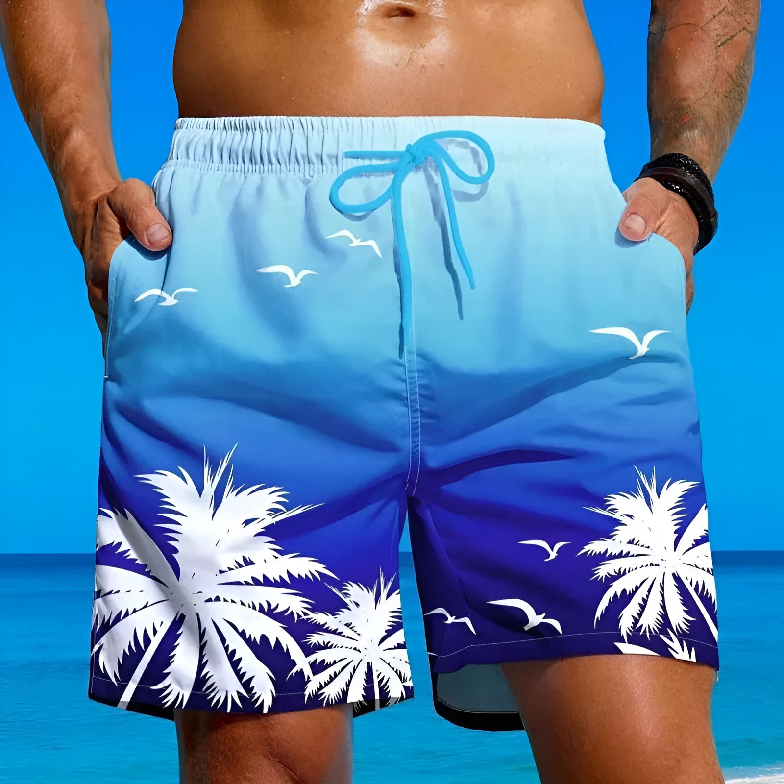 Men's ethnic style swimming trunks with loose board short design in polyester fabric