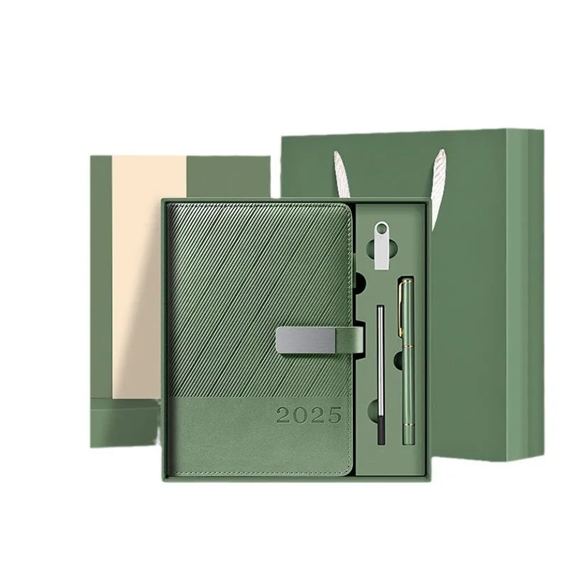 Office thick notepad with striped PU leather cover showing bean green colour option
