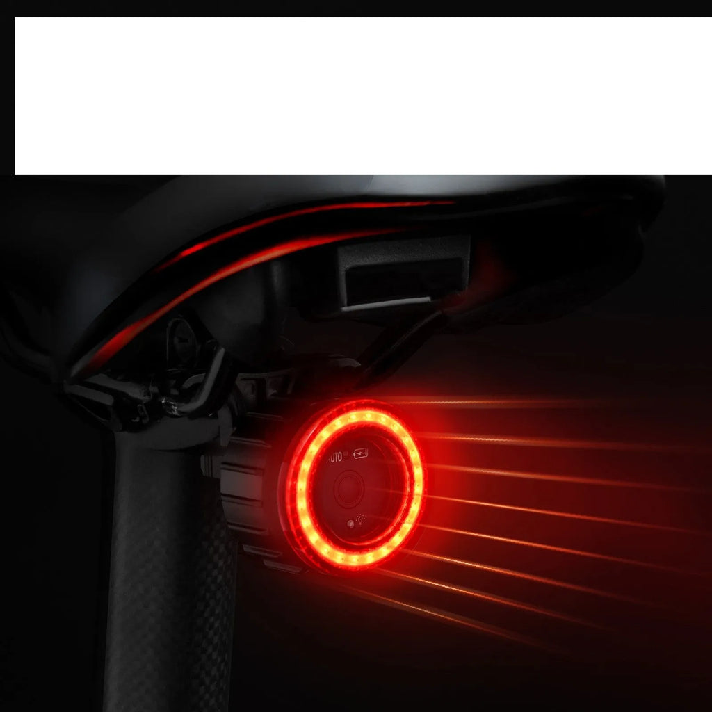 Black intelligent induction brake taillight with aluminium alloy housing and plastic seat tube bracket