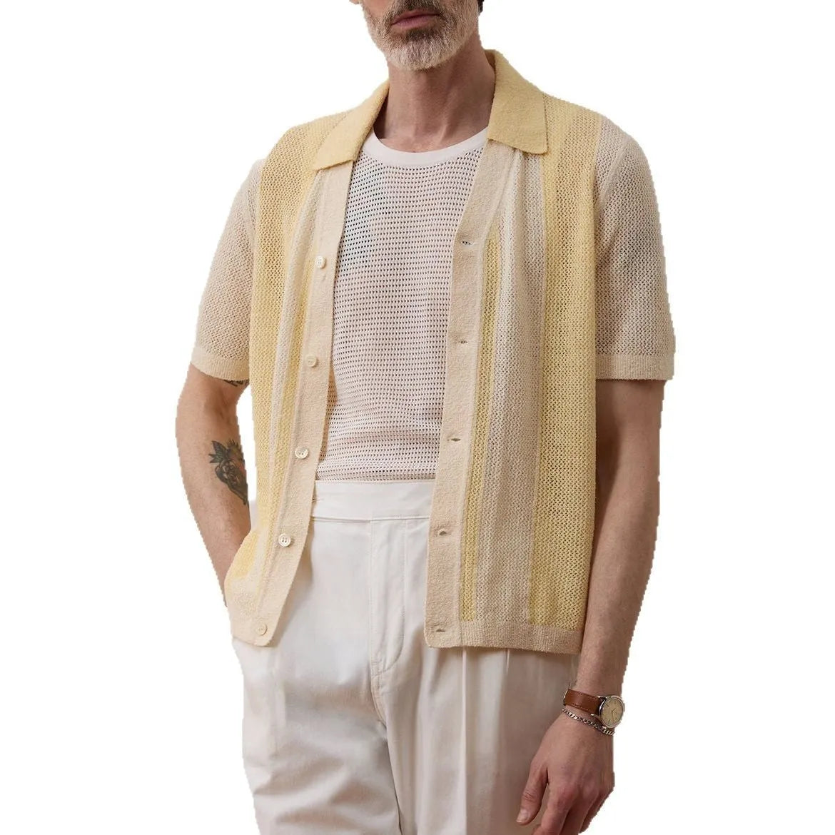 Yellow men's polo shirt with asymmetric design and short sleeves made from Tencel fabric