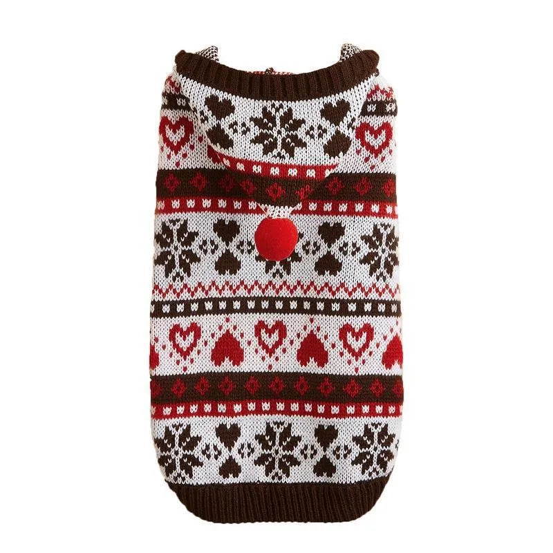 Blue striped camouflage dog sweater with snowflake patterns on small white Bichon
