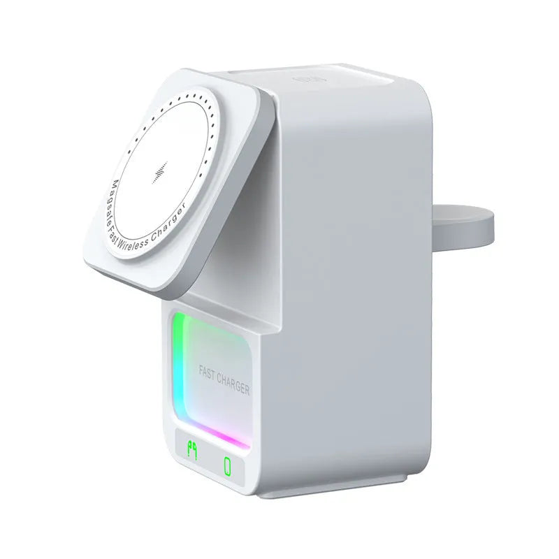 White Bluetooth speaker wireless charging station with QC3.0 fast charging support