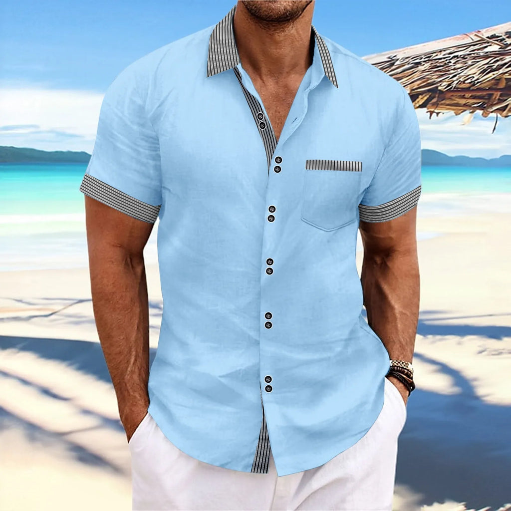 Man wearing a slim fit striped short sleeve cotton shirt with a double button front closure.