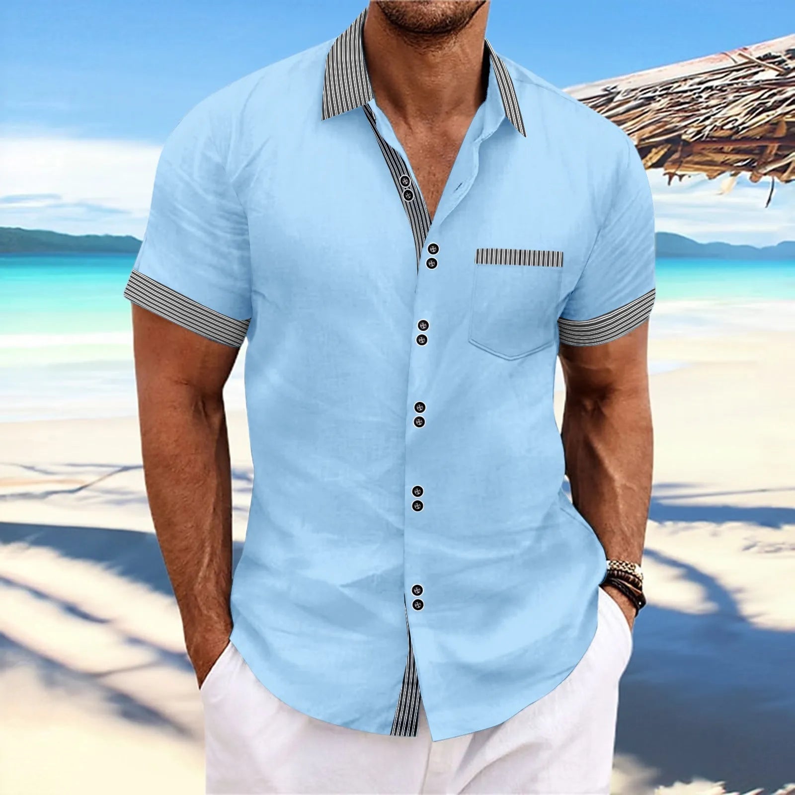Man wearing a slim fit striped short sleeve cotton shirt with a double button front closure.