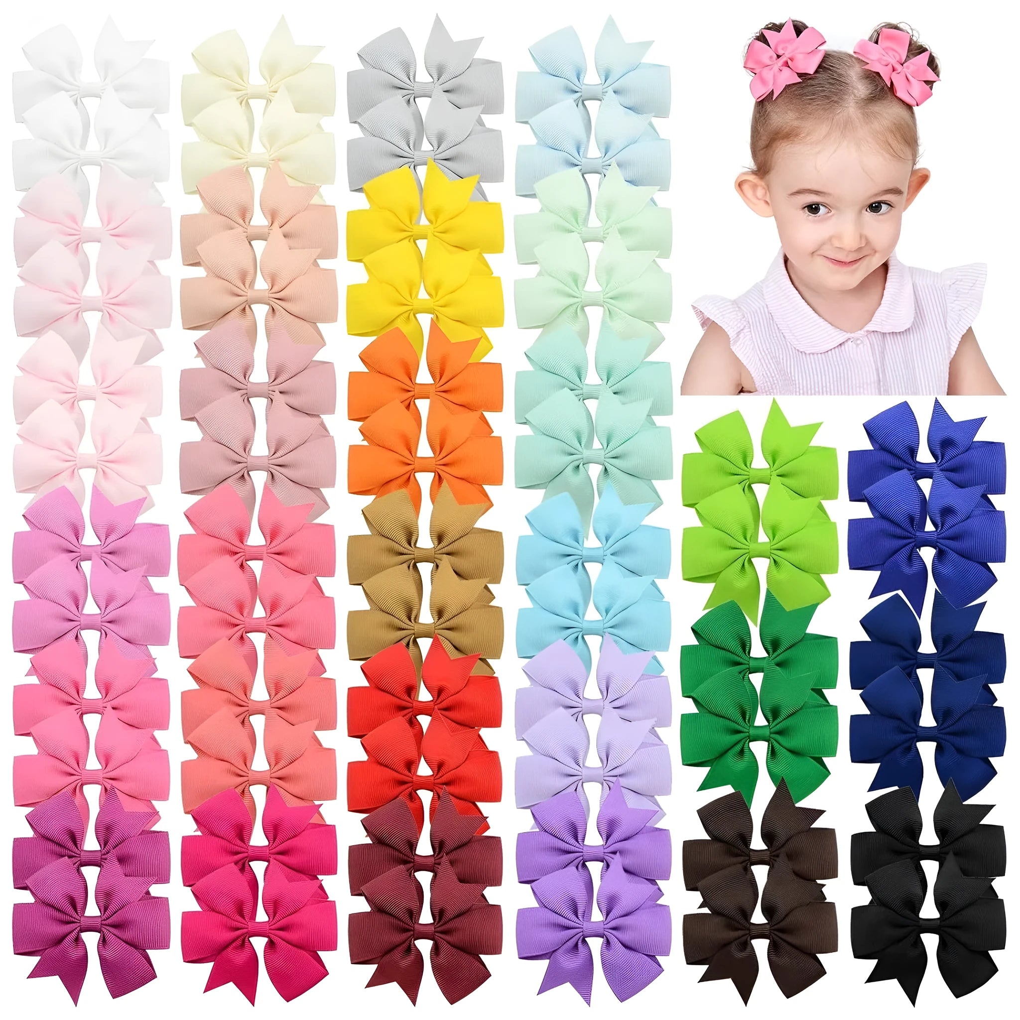 Assortment of 20 colourful handmade grosgrain ribbon hair bows with alligator clips for toddlers.