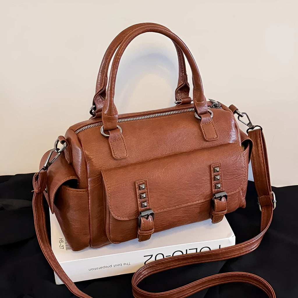 Vintage PU messenger bag in horizontal square shape with contrast stitching