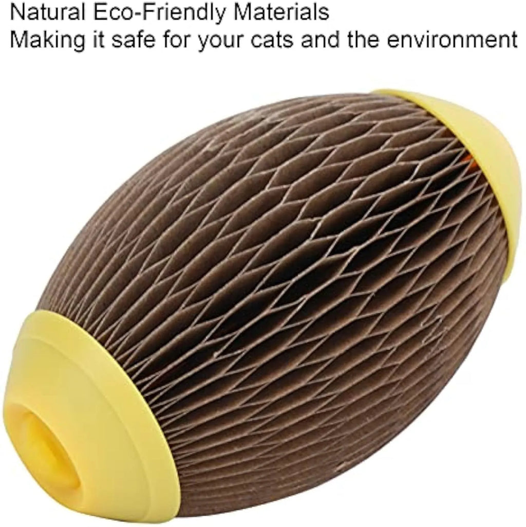 Ellipse-shaped catnip ball toy made of recycled corrugated paper, showing scratch surface and size.