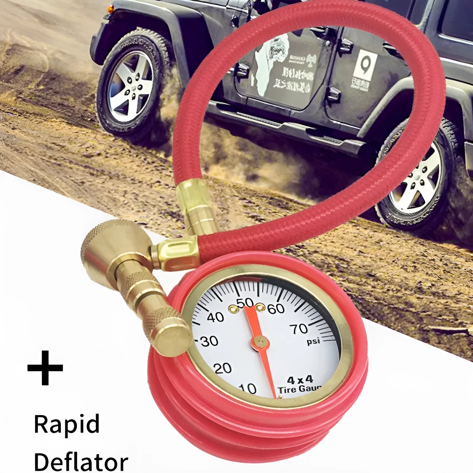 Red mechanical tyre pressure gauge with metal body and rubber shell, showing 0-5 BAR scale and deflation valve.