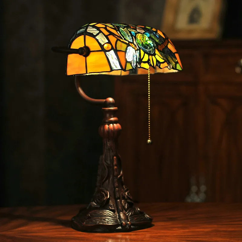 10-inch Tiffany stained glass table lamp with coloured panels and resin base, 25cm wide