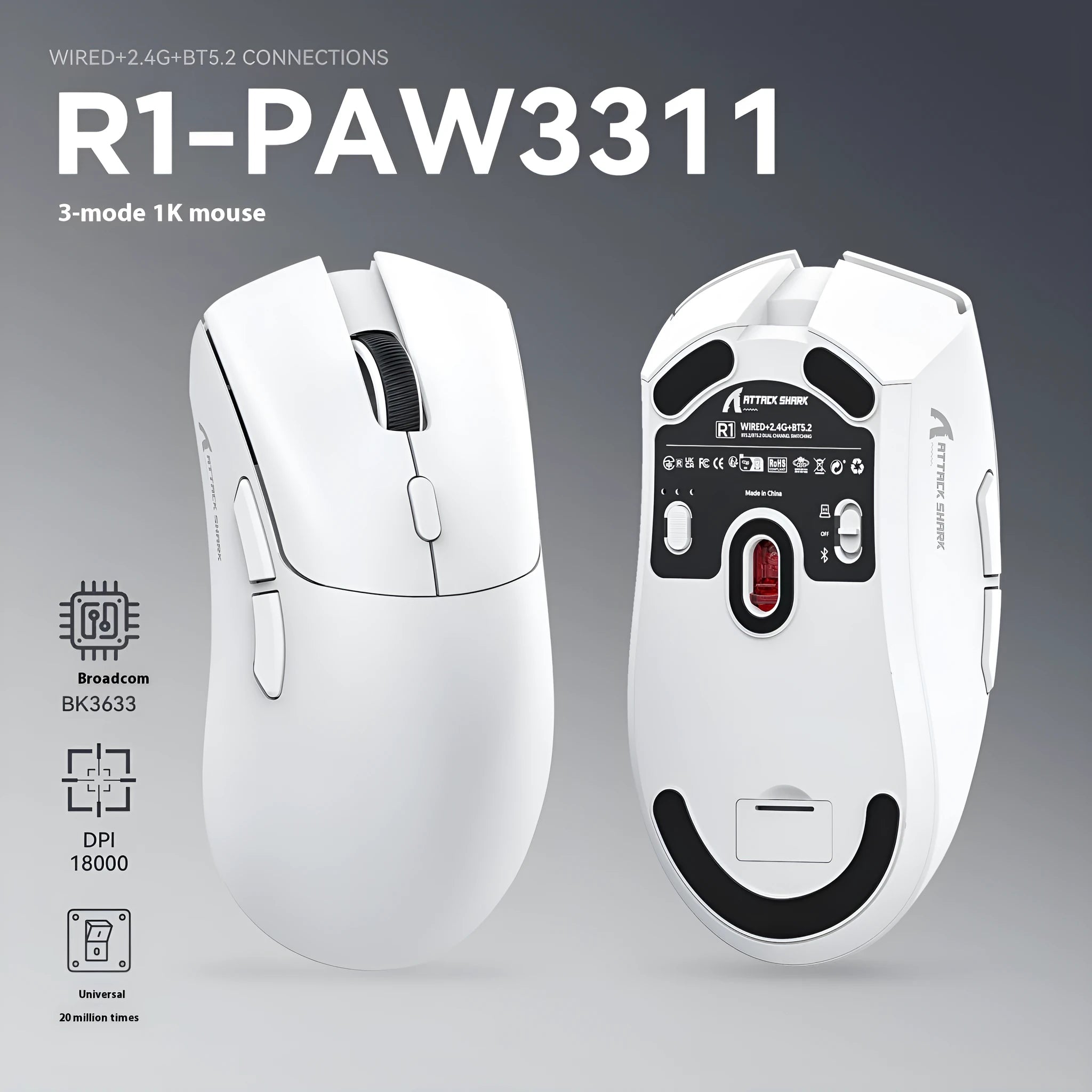 Attack Shark wireless three-mode gaming mouse in black, red or white colours