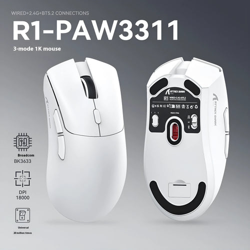 Attack Shark wireless three-mode gaming mouse in black, red or white colours