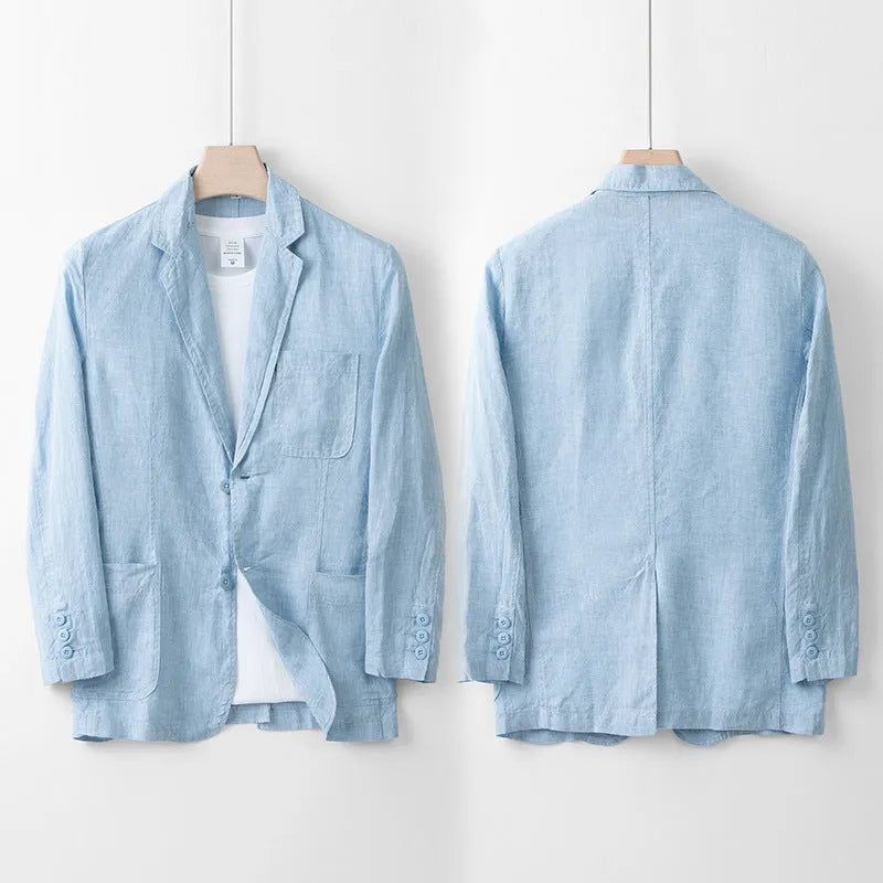 Men's loose-fit linen casual blazer jacket shown in available colours: white, black, natural linen, sky blue, and navy blue.