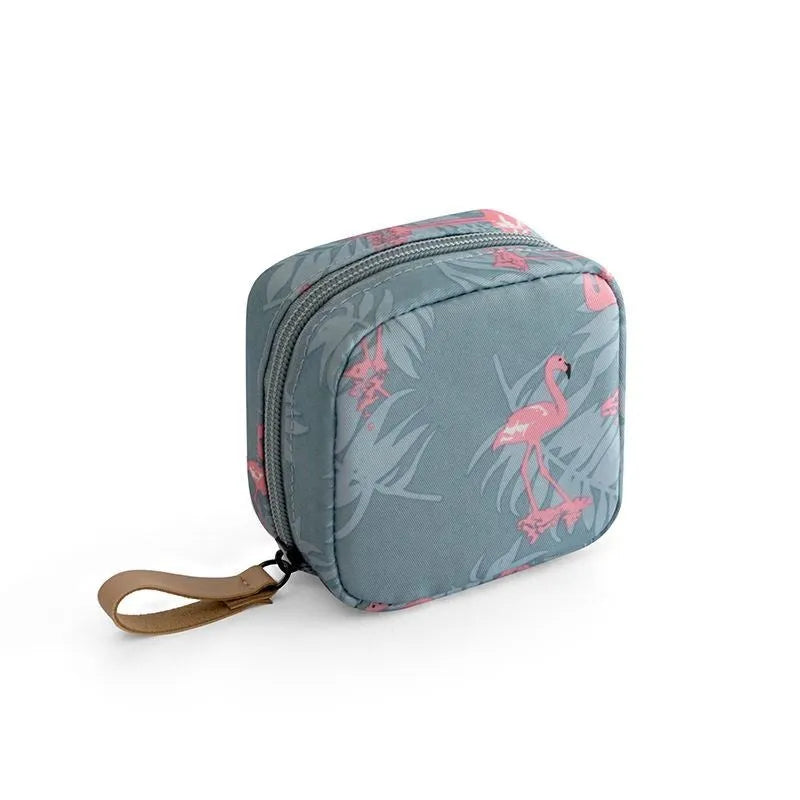 Cloth cube-shaped makeup storage bag shown in blue, pink, white, and white pink colour options.