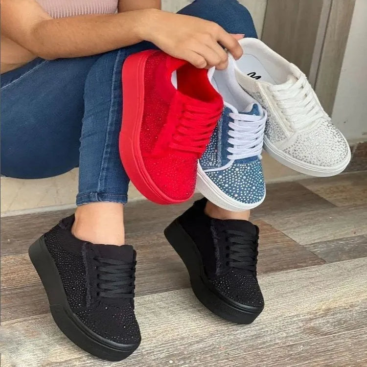 Women's plus size black casual sports shoes with rhinestones, lace-up front, and chunky flat rubber sole
