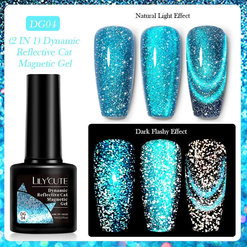 Cat eye series nail polish gel bottles showing diamond glitter and fragment designs in six colour options