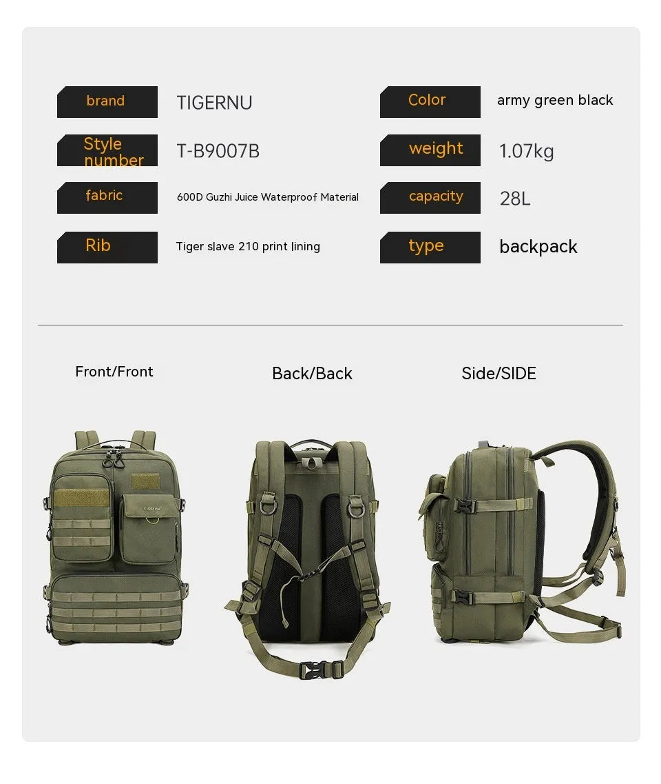 Army Green 17 inch tactical backpack with straps and compartments.
