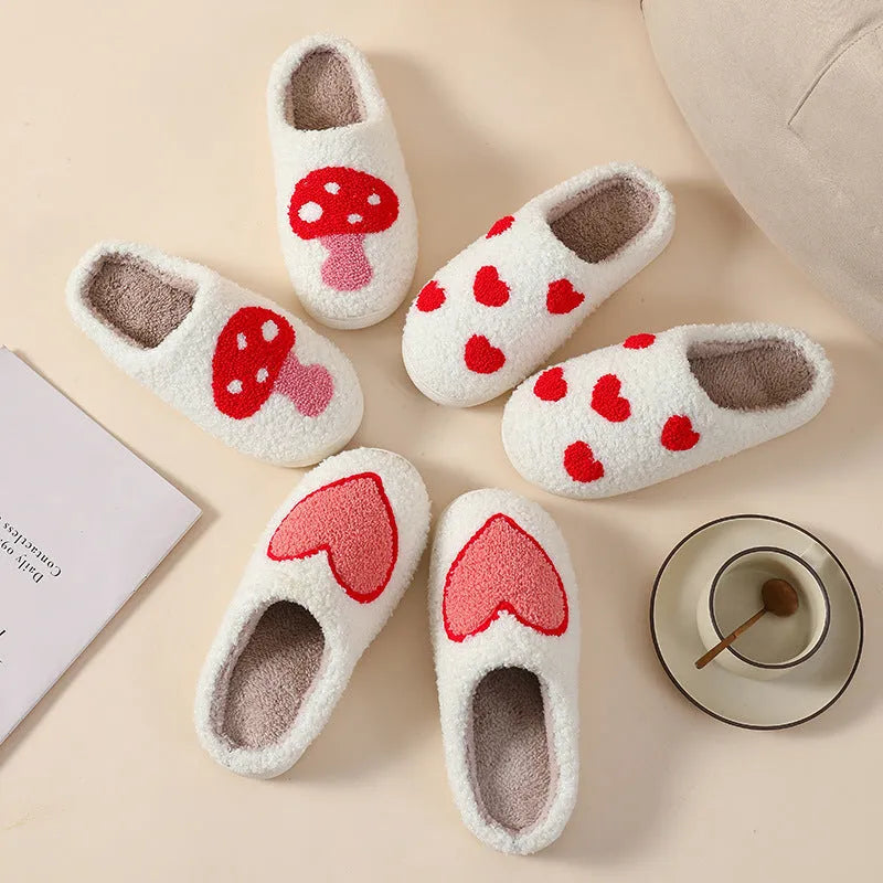 Women's plush slippers with cartoon love patterns and PVC non-slip soles