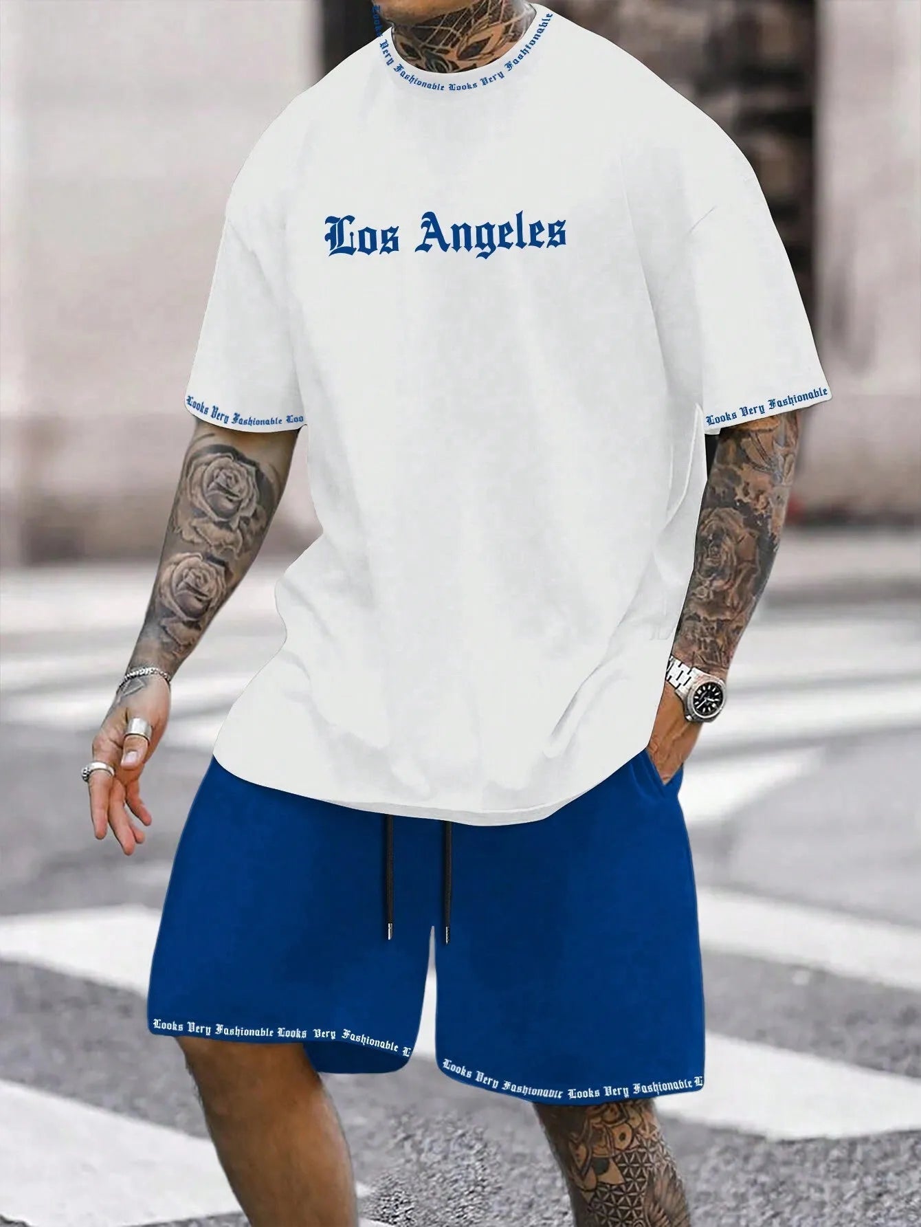Men's sports shorts and t-shirt set in cotton blend fabric with printed pattern