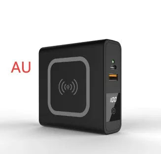 Black and white Super QI wireless charging power bank with integrated plug and international adaptors.