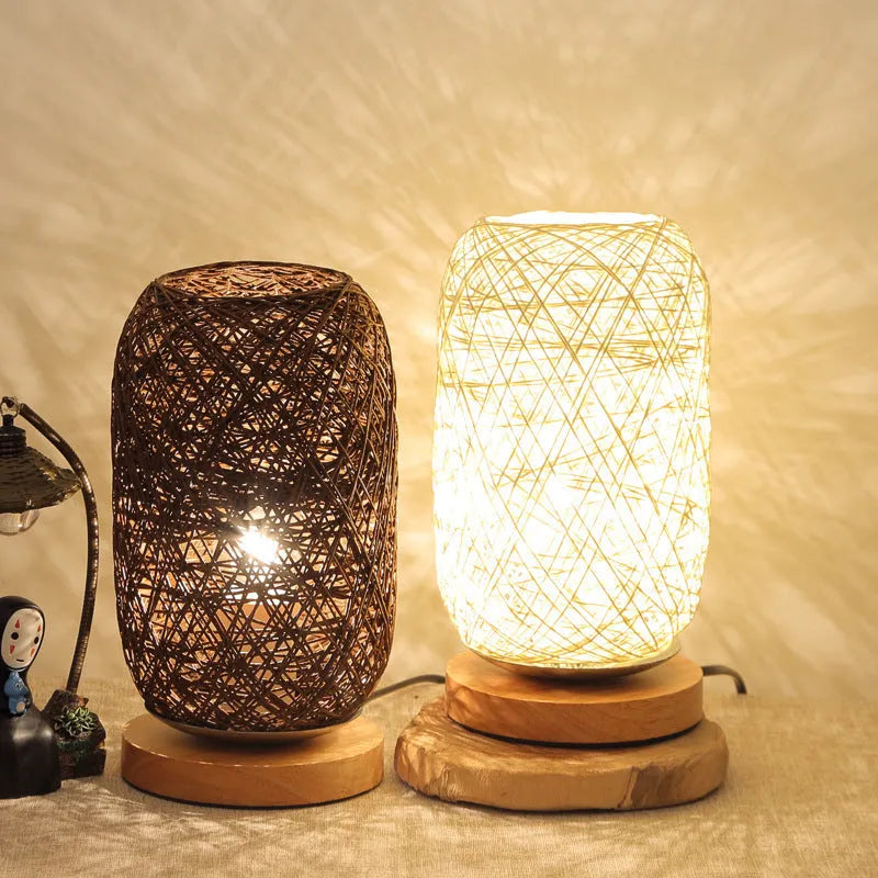 Brown hemp rope Sepak Takraw desk lamp with beige accents on solid wood base