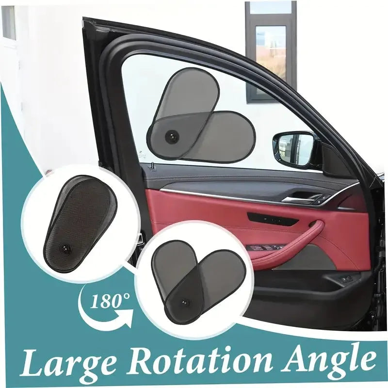 Black stretchy car side window shade installed with suction cups to protect baby from sun.