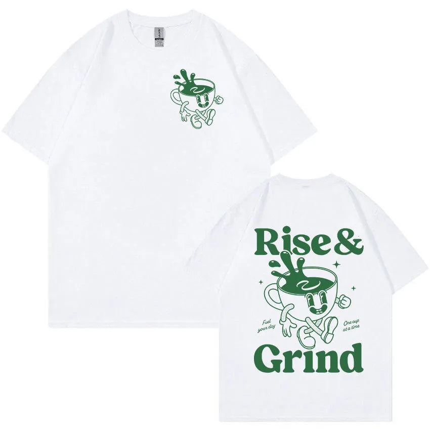 Cartoon Rise and Grind Green Coffee print on a loose-fit linen blend T-shirt.