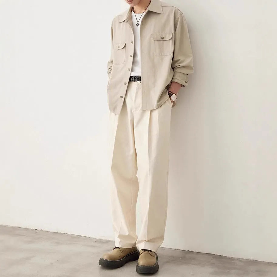 Men's formal shirt with cotton lapel collar in light sand rice colour showing simple profile design