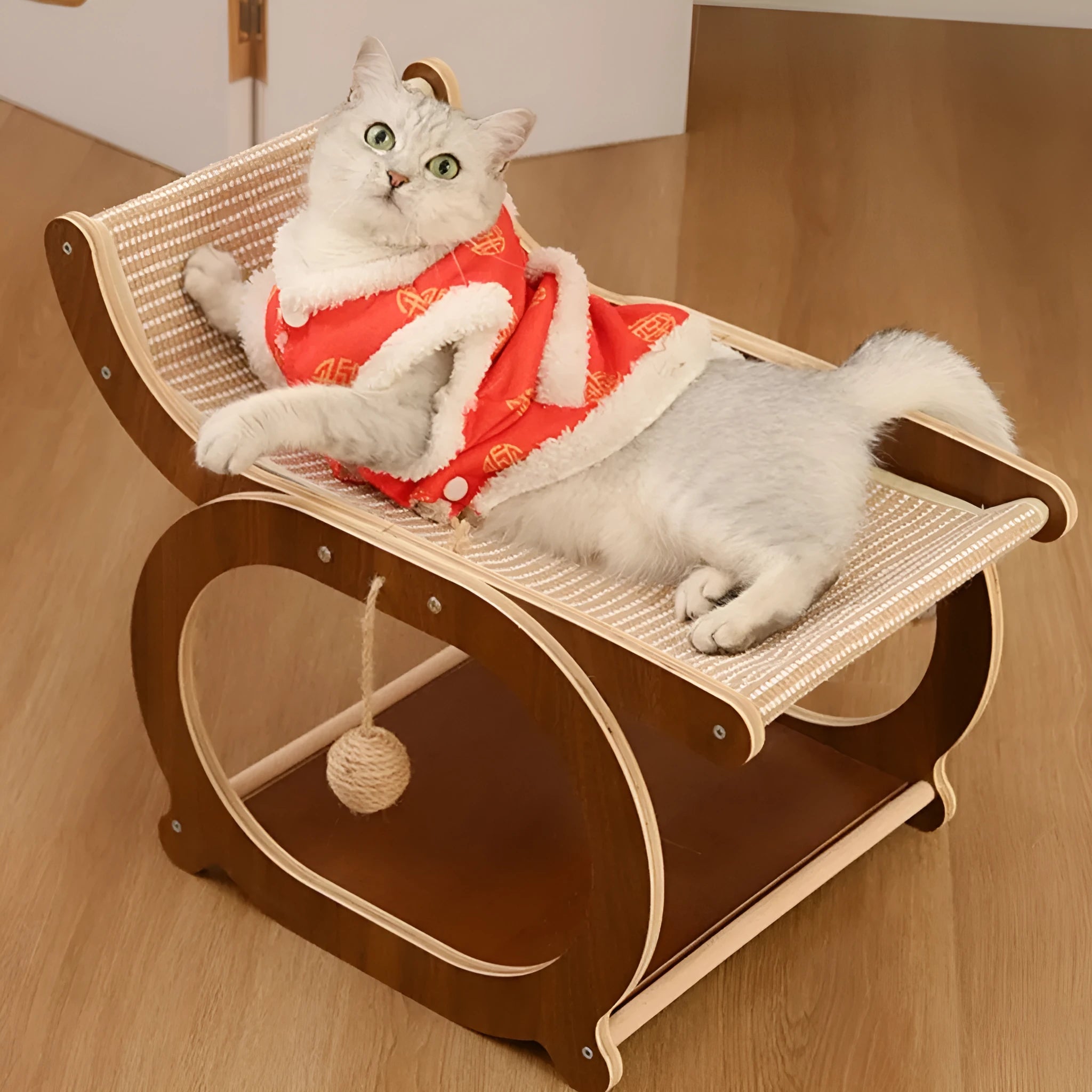 Solid wood cat scratching mat and bed in walnut colour with sisal surface.