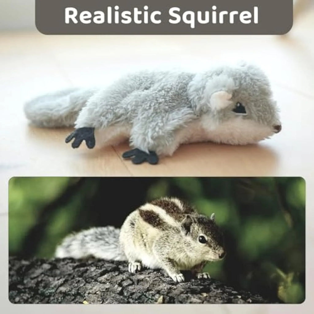 Grey plush squirrel cat toy with flapping wings, shown with a USB charging cable.