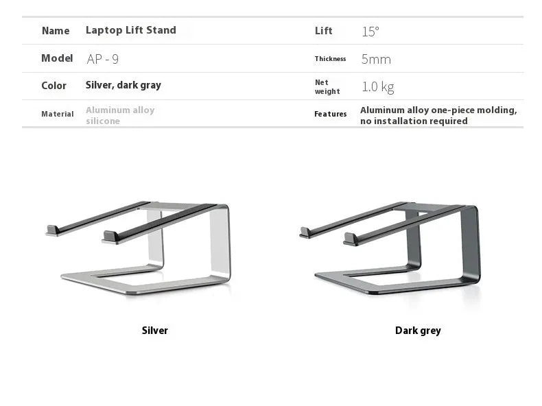 Black aluminium alloy laptop stand on desk with laptop elevated for cooling
