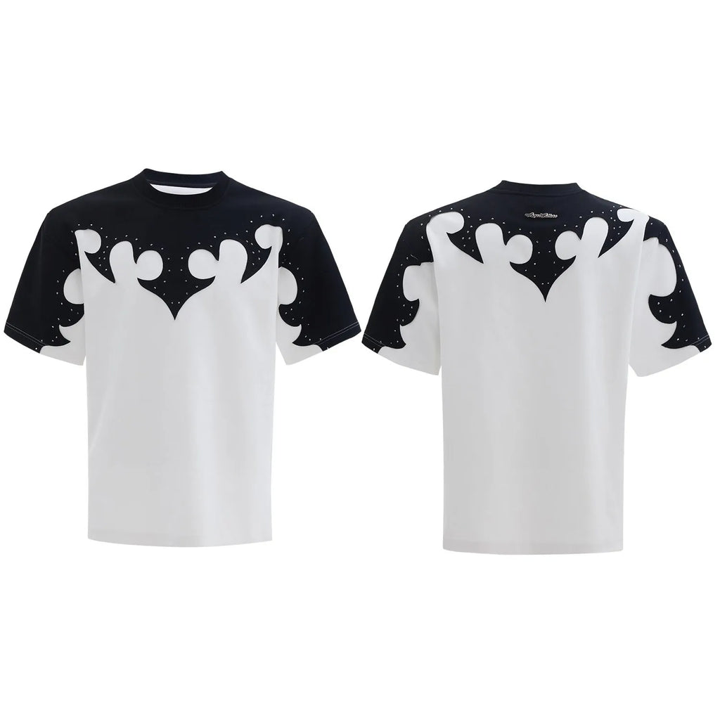 Men's grey cotton t-shirt with three-dimensional stitching and burnt flower rhinestone design