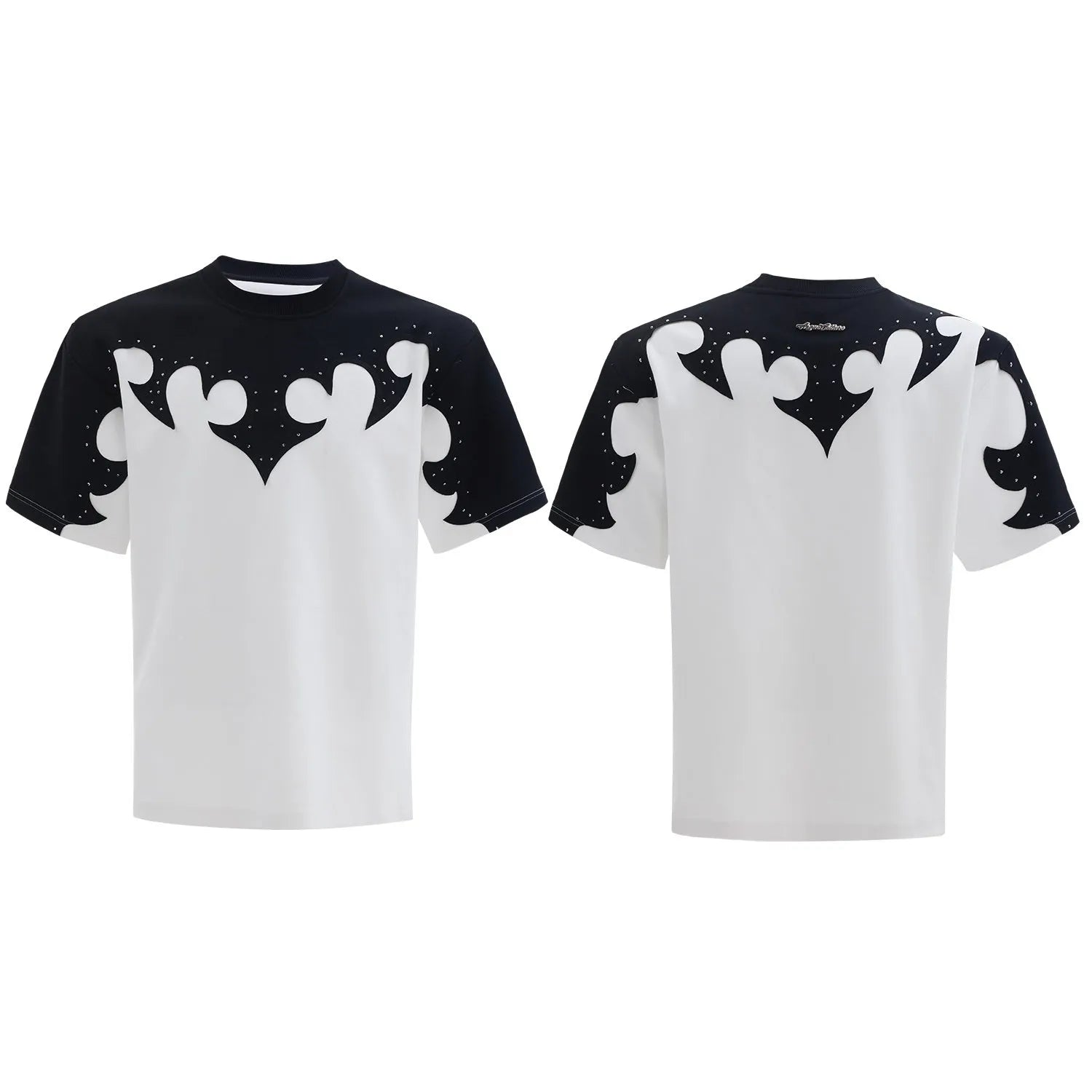 Men's grey cotton t-shirt with three-dimensional stitching and burnt flower rhinestone design