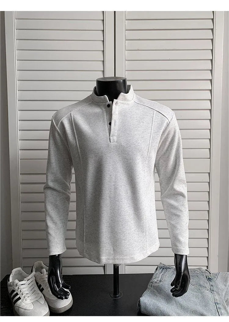 Men's gray patchwork stand-up collar long sleeve cotton sweater shirt on hanger