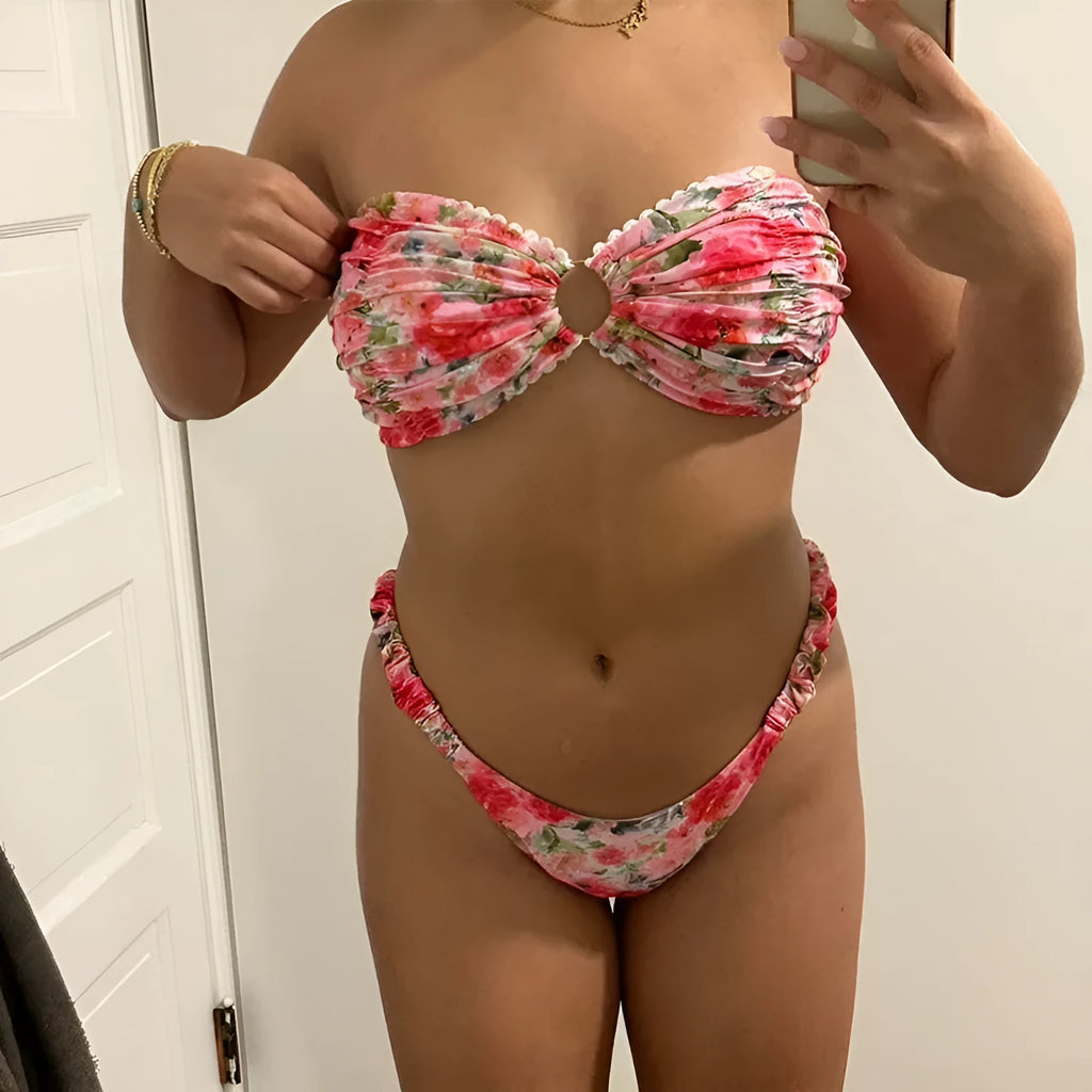 Printed tube top bikini set with lace detail and floral pattern in blue colour