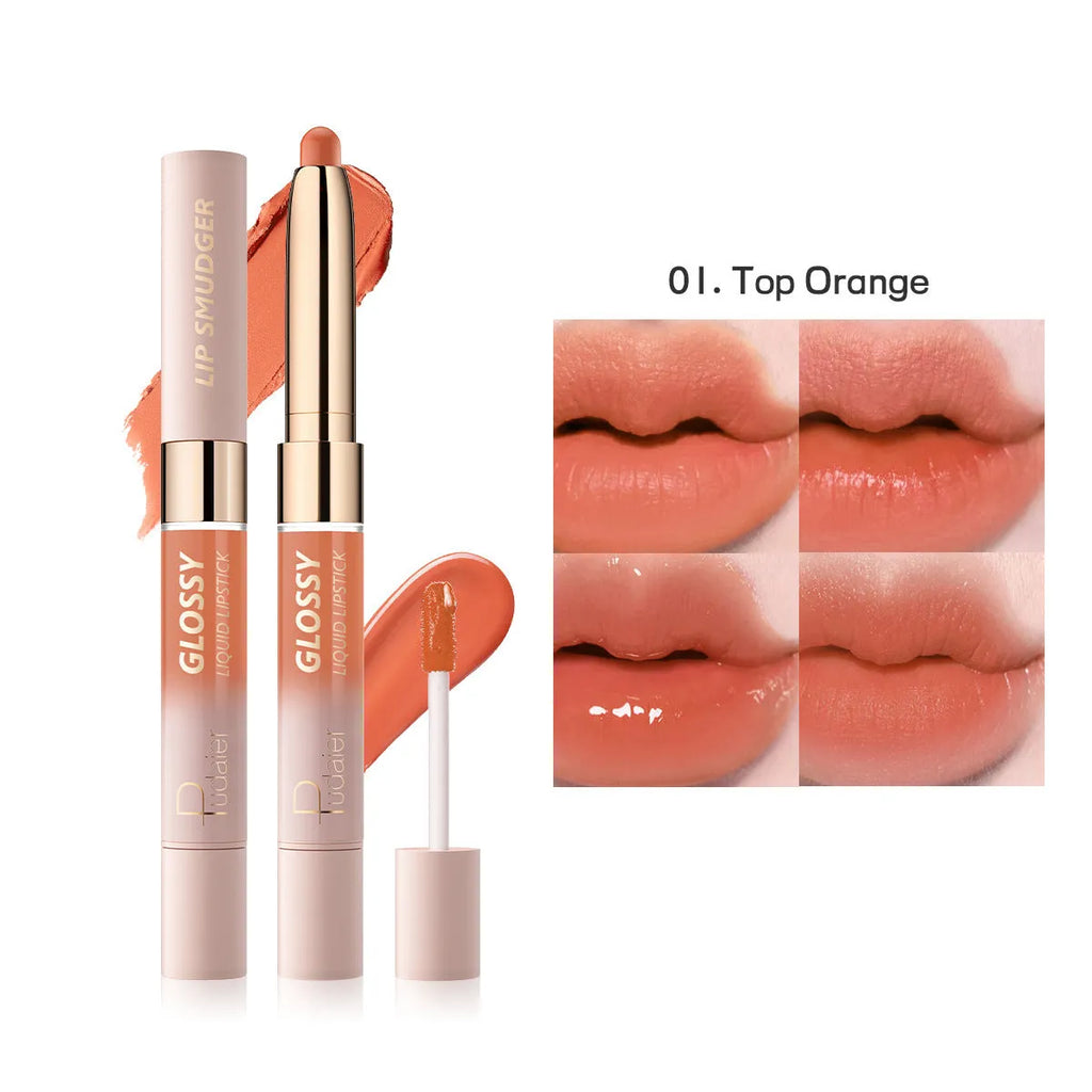 Double-headed lipstick lip gloss in matte finish showing ten different colour options from 01 to 10.