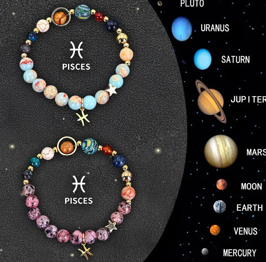Set of twelve beaded bracelets with natural stone beads and sterling silver zodiac charms on a dark background.