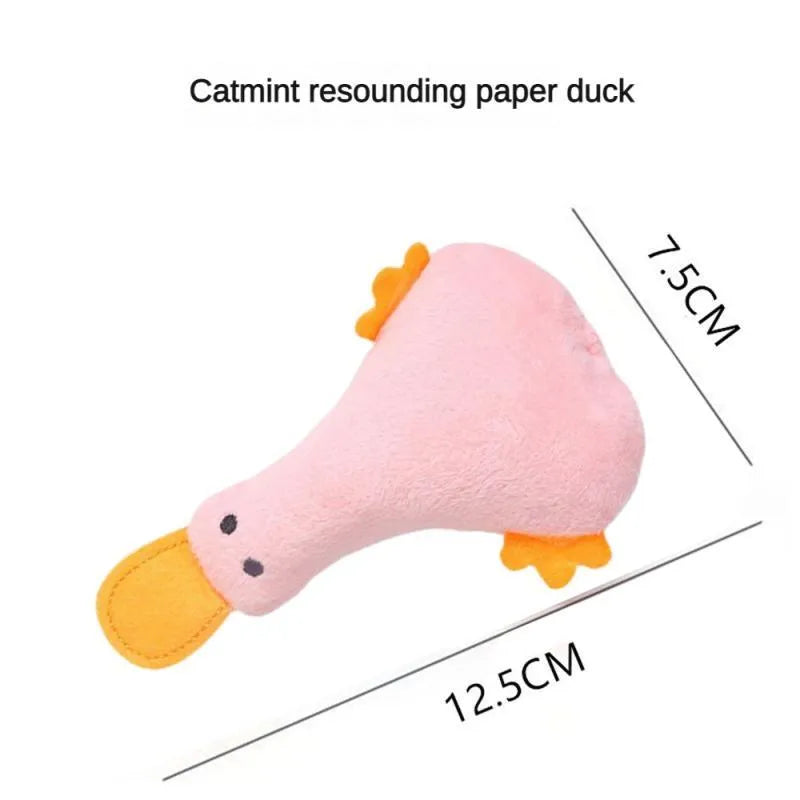 Yellow duck plush pet toy with catnip filling, squeaker sound, and rattle paper for dogs and cats