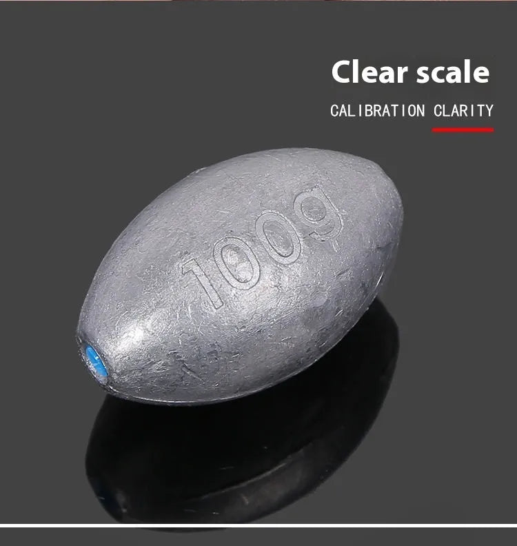 Plastic core olive fishing sinker with rugby shape and scale markings for sea fishing