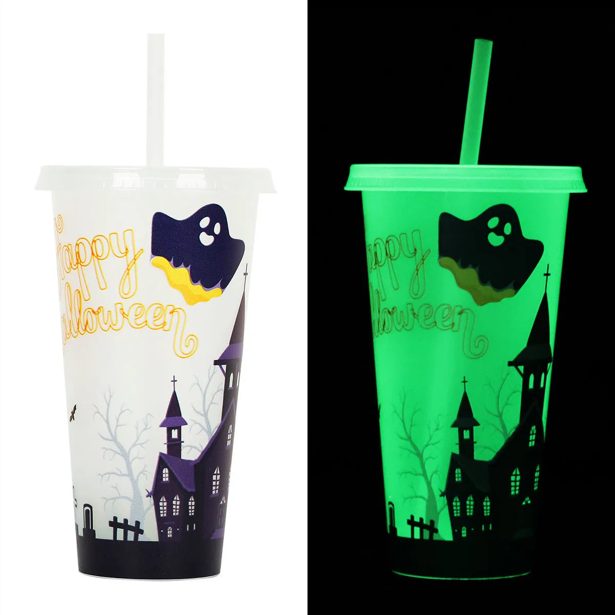 720ml Halloween-themed plastic sippy cup with luminous design and straw in cylindrical shape