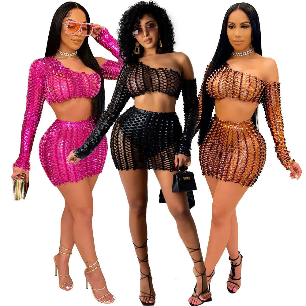 Women's hollow-out two-piece dress set with net hole detail on sleeveless top and short skirt