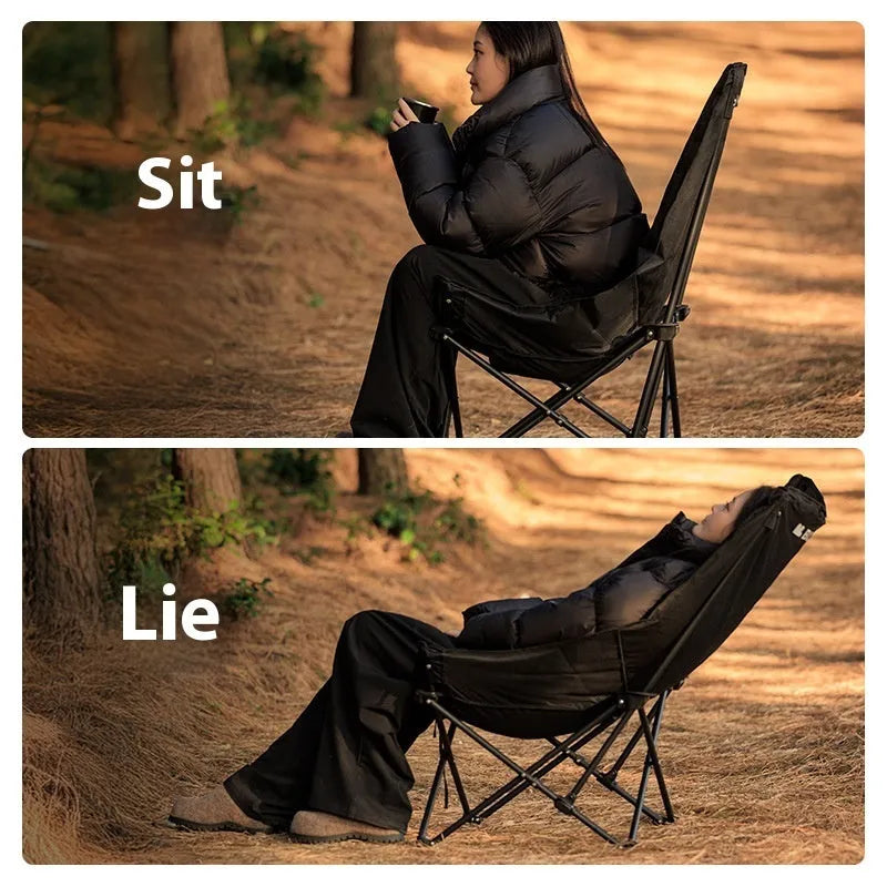 Night black portable camping recliner moon chair with Oxford cloth construction and adjustable backrest folded with carry bag