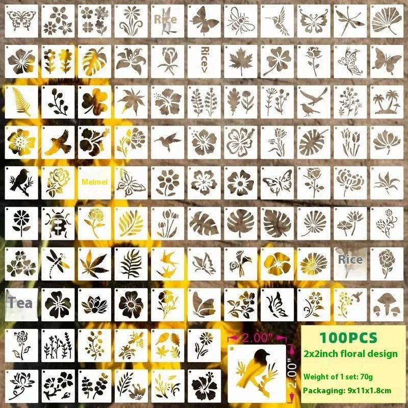 Milky white PET film stencils showing examples of 2-inch flower, animal, and letter designs.