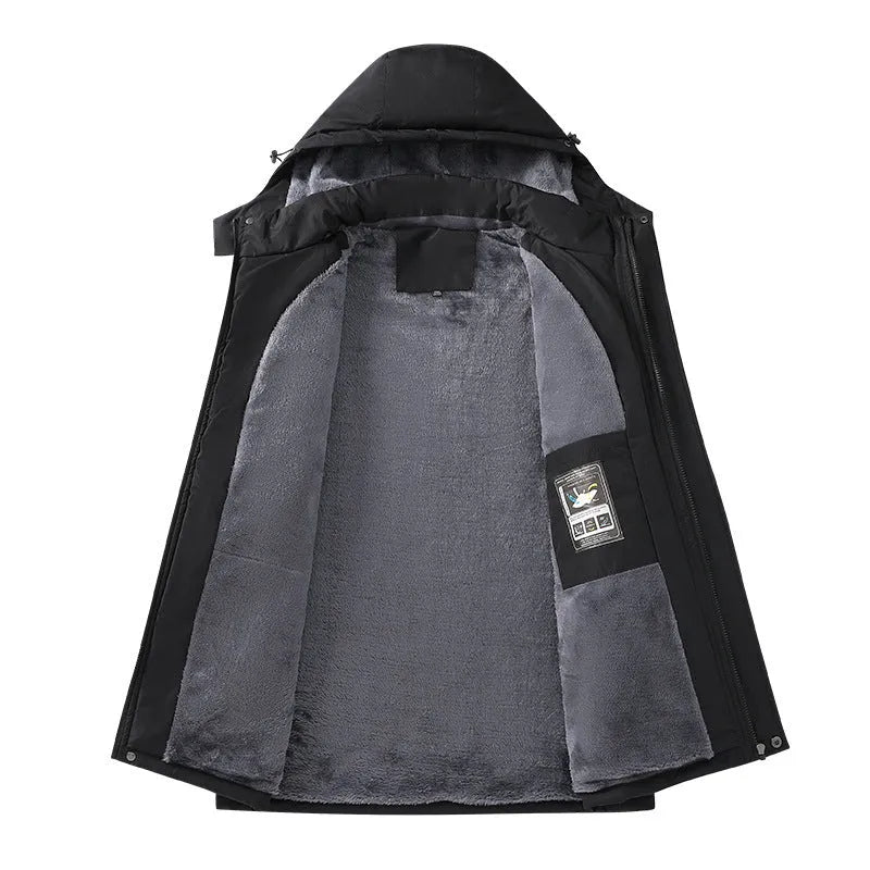 Men's plus size loose fit hooded coat in army green, showing waterproof polyester fabric and front zip.