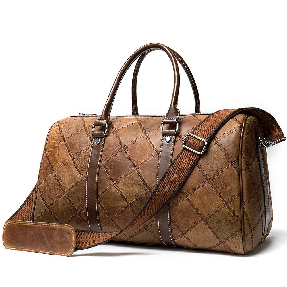 Men's vintage cowhide leather duffel bag with single strap, shown with internal phone and ID pockets.