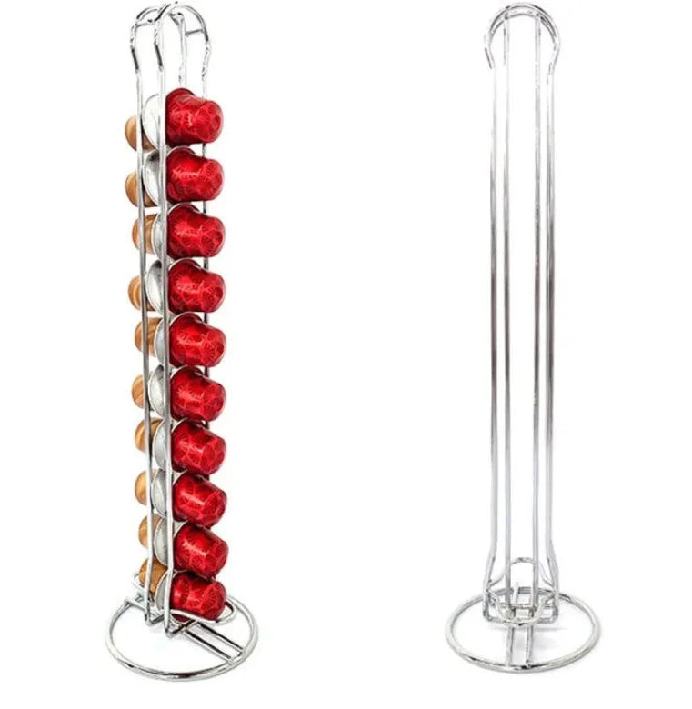 Black iron coffee capsule storage rack holding multiple pods on display shelves.