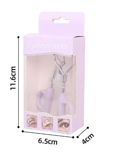 A4 chrome scissors handle eyelash curler with tail, shown in pink and purple colour options.